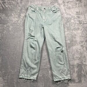 Maurices Girls Wide Leg Jeans Green Distressed Raw Hem Elastic Waist High Rise